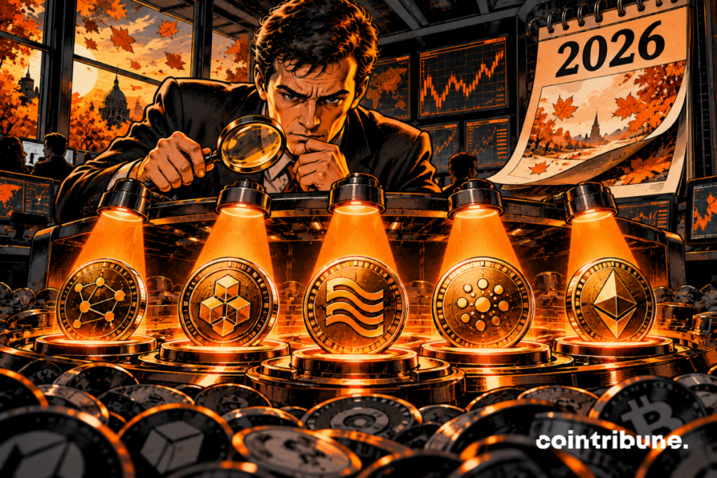 In a dark trading room, an analyst stands in front of a gigantic circular analysis table. On the table lie exactly five metallic crypto coins, arranged in a fan shape. They are deliberately mysterious: different surfaces, abstract blockchain patterns, but no invented identity. The analyst activates a large mechanism and five orange spotlights light up simultaneously above the tokens. Behind him, a huge mechanical calendar displays only 2026, while a new page without text has just turned over. The character leans towards the five assets with a magnifying glass, extremely concentrated expression.
