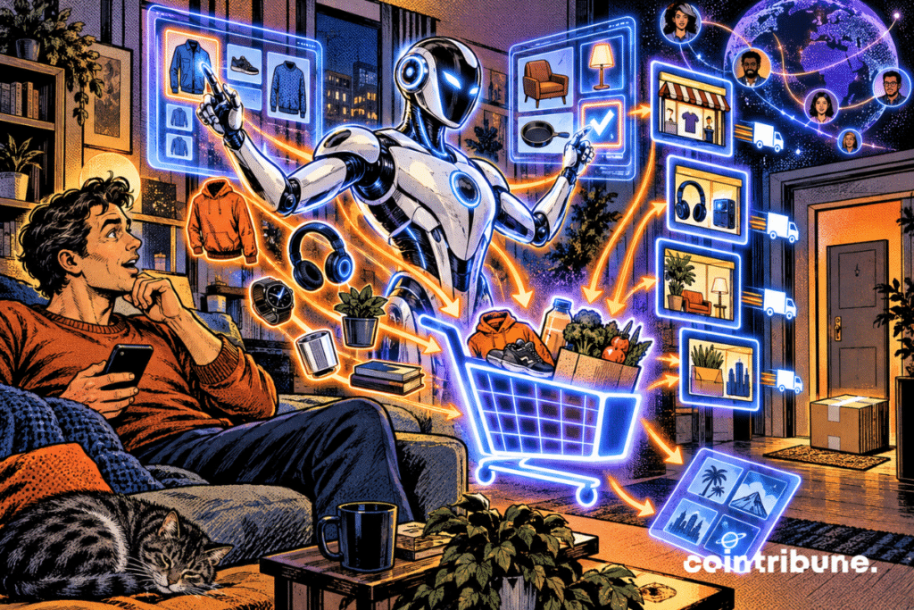 An AI agent selects products and fills a digital shopping cart while a user watches.