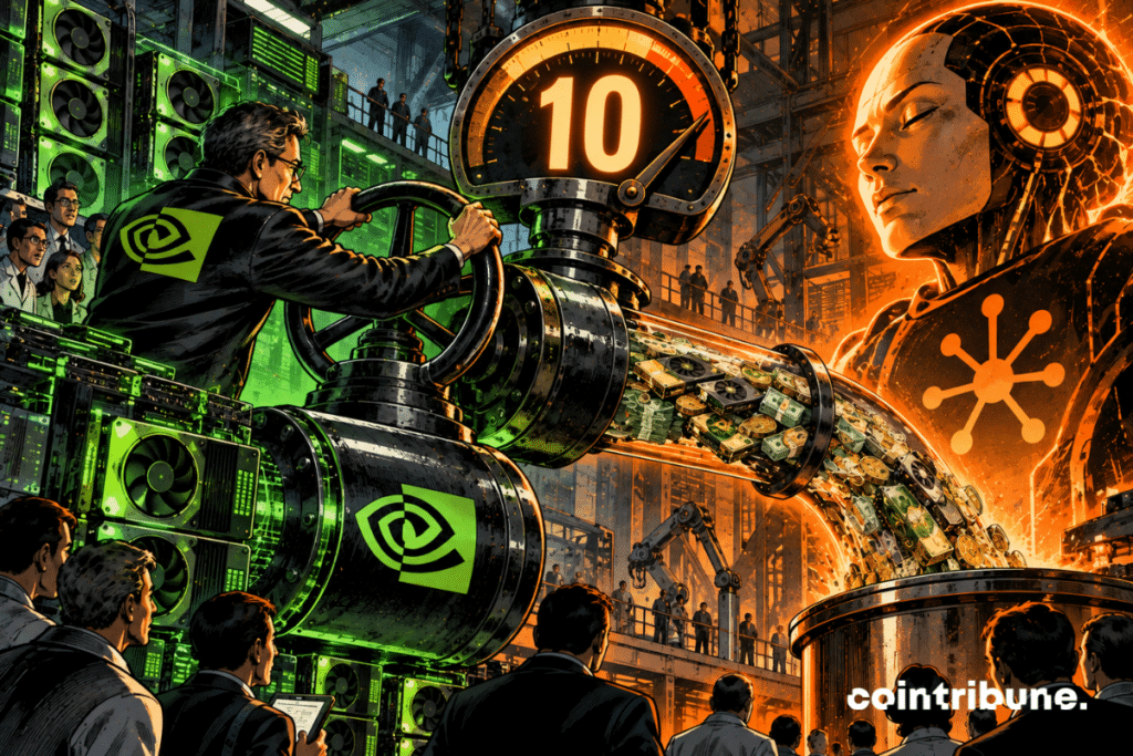 In a gigantic Nvidia AI computing factory, a technology executive dressed in black and lit by green light controls a huge industrial valve connected to GPU infrastructure. Behind the valve awaits a gigantic torrent of coins and luminous chips. The pipe heads towards a huge orange AI core representing Anthropic. A large mechanical dial above only reads 10. The valve is captured just before it fully opens: a few coins are only beginning to pass through.
