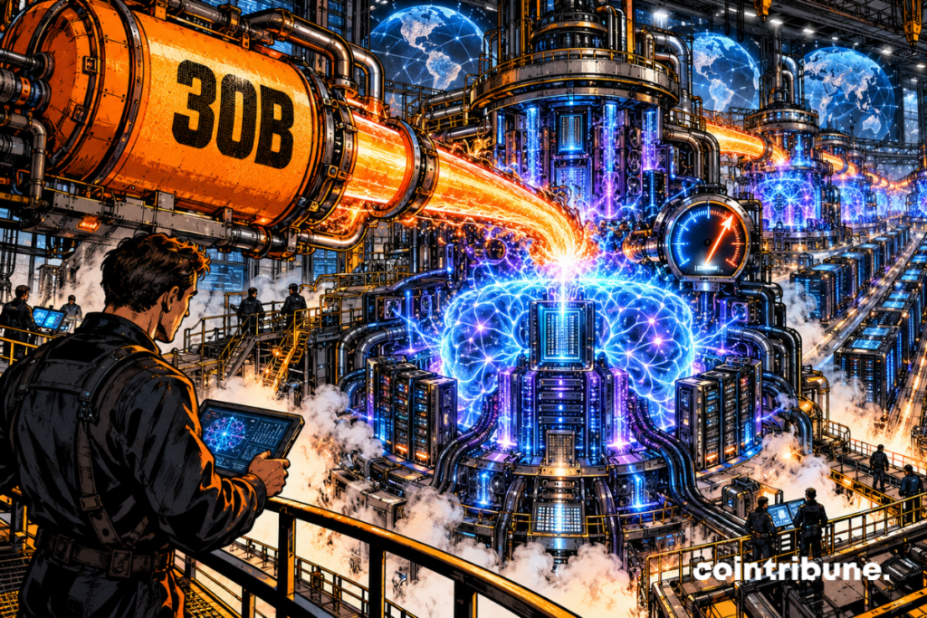 A gigantic AI reactor is powered by a 30B tank in a futuristic data center.