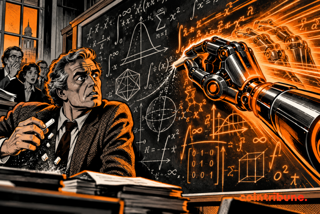 Mathematician worried about an AI solving complex equations at high speed on a blackboard