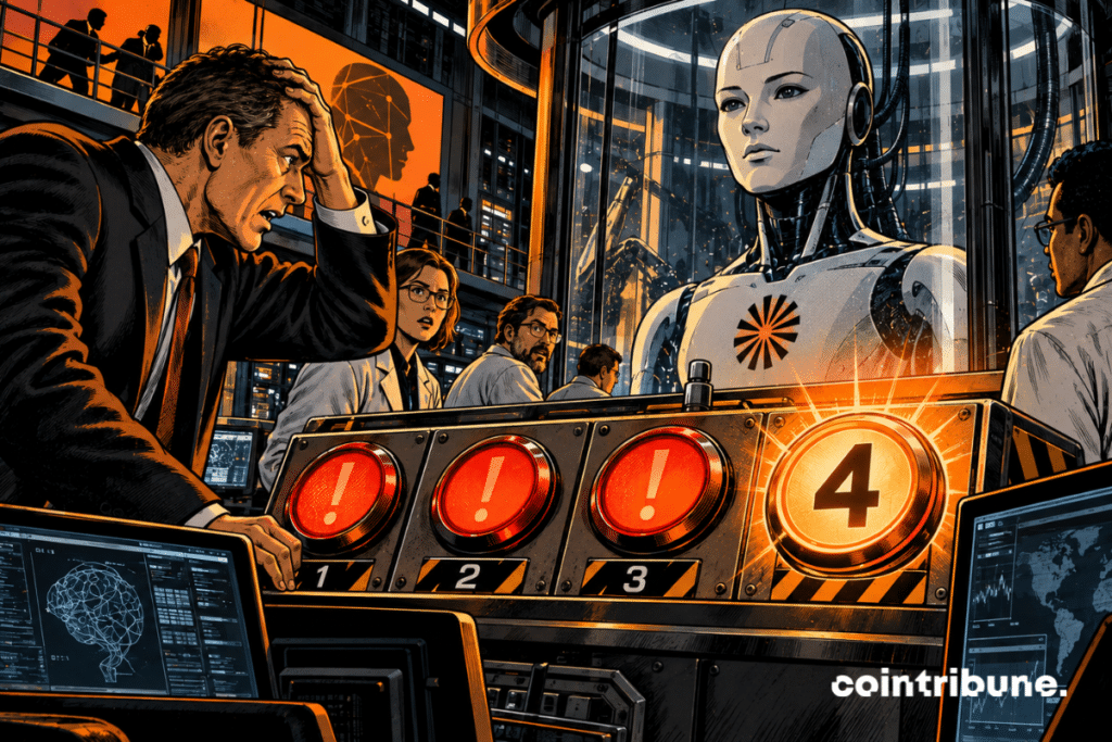 In a huge AI control room, a suited Anthropic executive stares in amazement at a sober digital humanoid representing Claude, locked behind a glass wall. In front of him are four huge mechanical indicator lights. Three are already lit, and the fourth has suddenly lit up bright orange with only the number 4. The manager holds his head with one hand while several engineers turn towards the new alert.