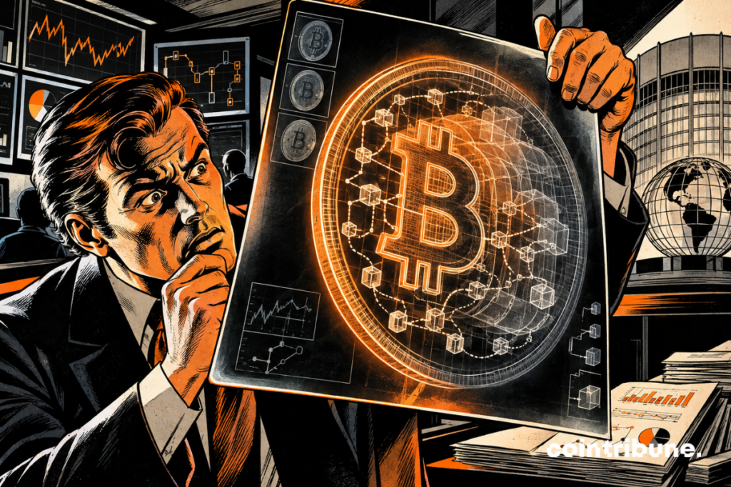 Illustration of an analyst reviewing Bitcoin's onchain metrics on a screen displaying blockchain data.