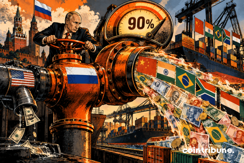 In a huge international trade center, a Russian manager forcefully activates a gigantic mechanical valve controlling two financial pipes. The main pipeline, now wide open, carries a torrent of local currencies to several BRICS partners represented by the colors of China, India, Brazil and other countries. A huge gauge above shows only 90%. Next to it, a second pipe visually associated with the American dollar only receives a small trickle.