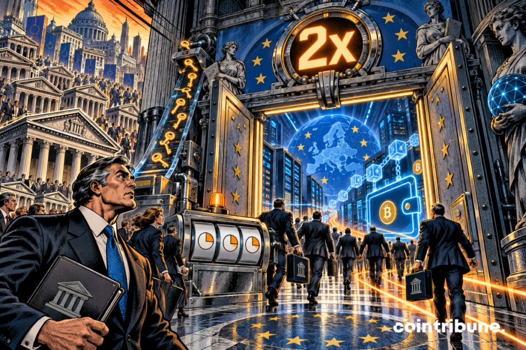 European banks are crossing a regulatory door into the crypto ecosystem under an indicator showing 2x.