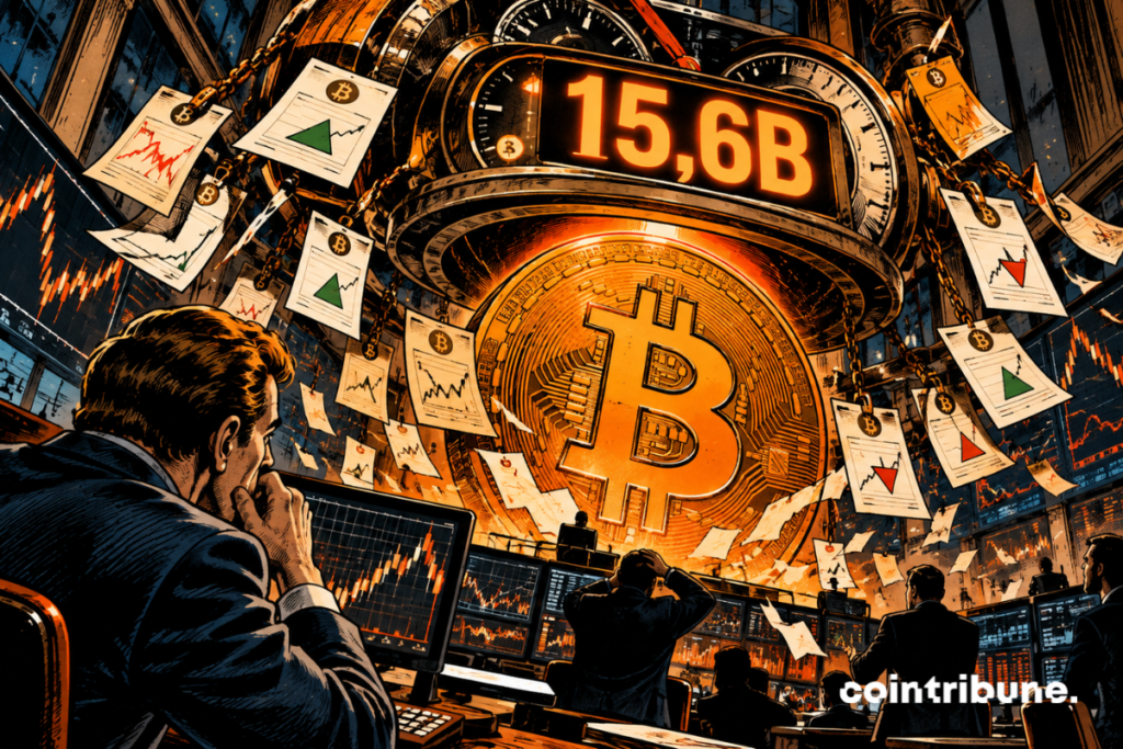 A giant Bitcoin dominates a crypto trading floor under a counter reading 15.6B, surrounded by options contracts.