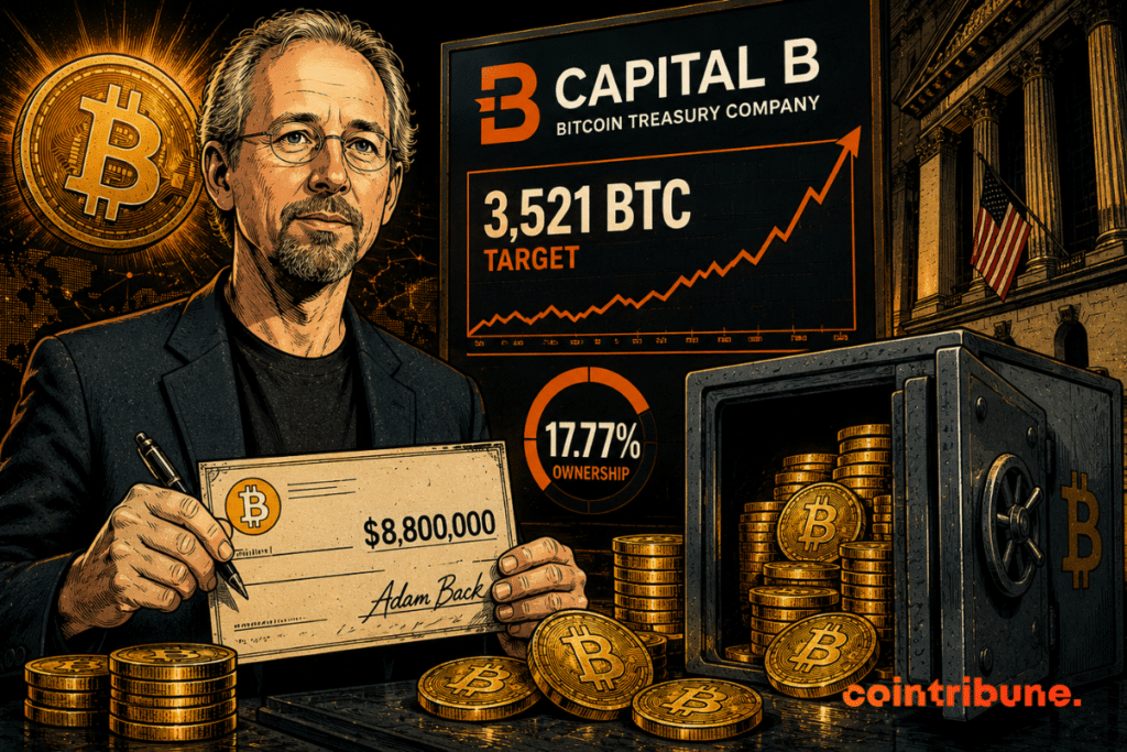 Adam Back holds a check in front of a giant Bitcoin, a vault full of coins, ascending charts and Capital B.