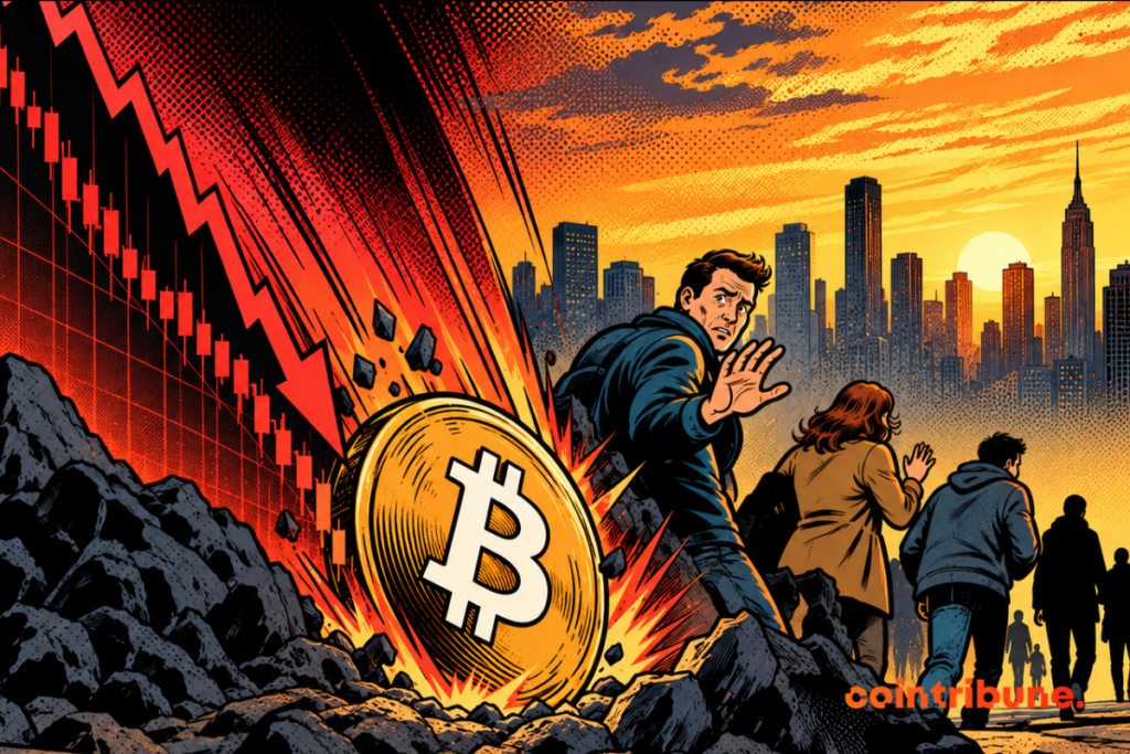Illustration of Bitcoin falling sharply under pressure from sellers, while investors walk away from the market.