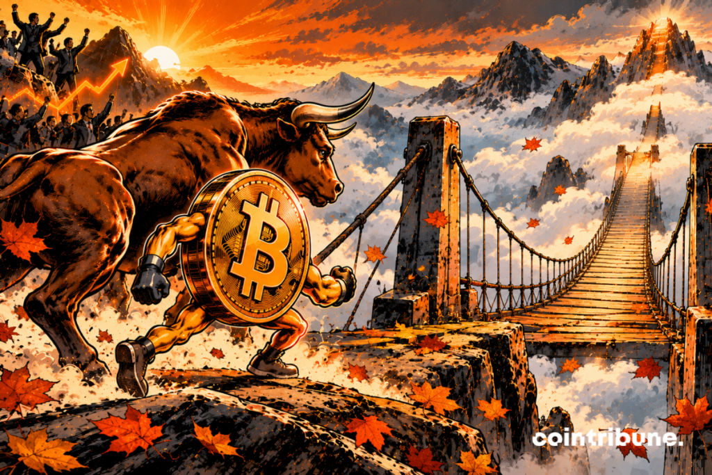 A gigantic bull gallops up a financial road with a towering Bitcoin coin at its side. They have just traveled down a long ascending ramp bathed in orange light. Behind them, traders and investors are still celebrating the progress. But in front of them begins a huge suspension bridge leading to a new, higher mountain. At the entrance to the bridge floats a large page of an entirely graphic calendar, without letters or numbers, while orange autumn leaves are blown away by the wind. The bull slows down slightly and plants one hoof in the ground. Bitcoin remains oriented forward, as if ready to continue.