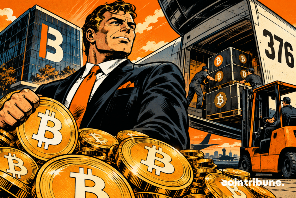 Illustration of Capital B strengthening its cash flow with the acquisition of 376 bitcoin, represented by BTC coins and a delivery truck.