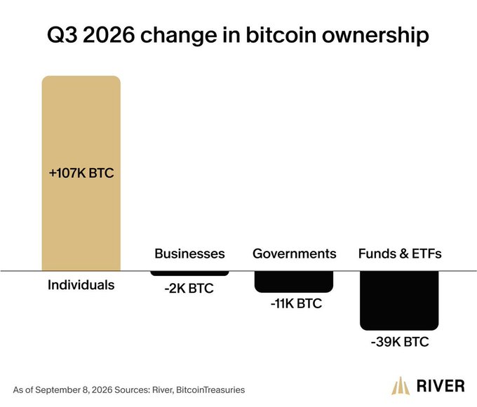 In the third quarter of 2026, individuals accumulated almost 107,000 additional BTC and over the same period, funds and ETFs reduced their positions by 39,000 BTC, governments by 11,000 BTC, and companies by 2,000 BTC.