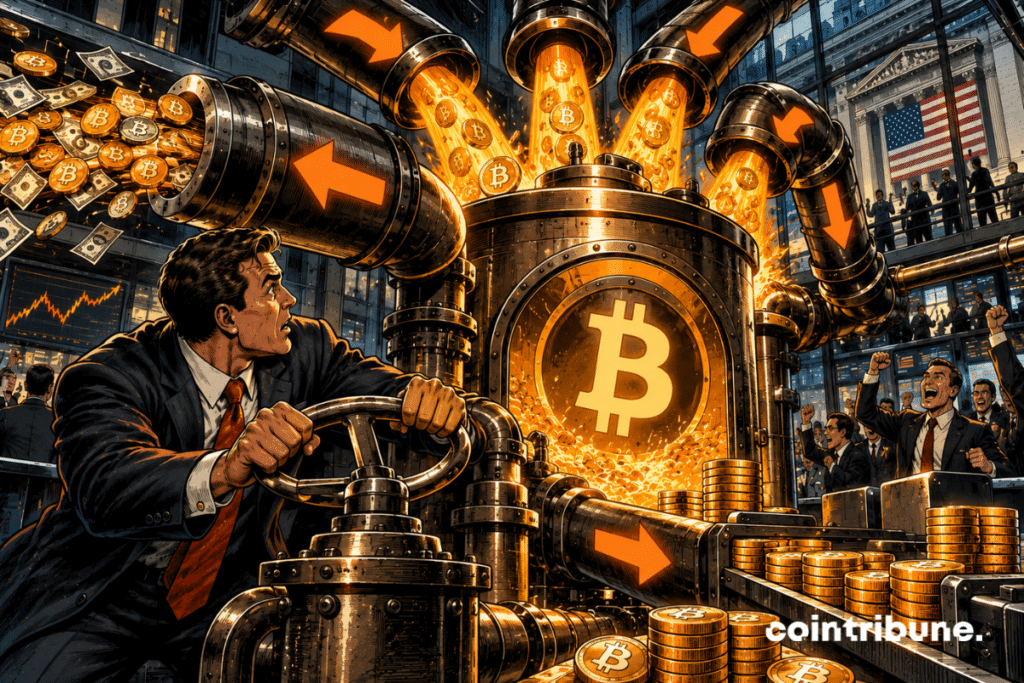In a huge industrial financial room, a trader in the foreground forcefully activates a gigantic mechanical valve connected to a Bitcoin tank. On a first line, some capital is still projected outwards, vestiges of previous strong outflows. But several other pipes have just reversed and are now pouring a powerful torrent of coins and orange light into the Bitcoin reservoir. The trader watches the change with an expression of surprise and relief.