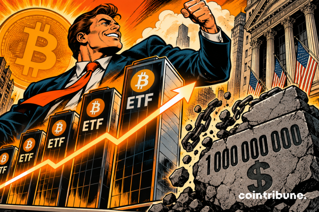 Illustration of several Bitcoin ETFs in strong growth, with an upward arrow and a deficit of 1 billion dollars represented by a financial barrier.