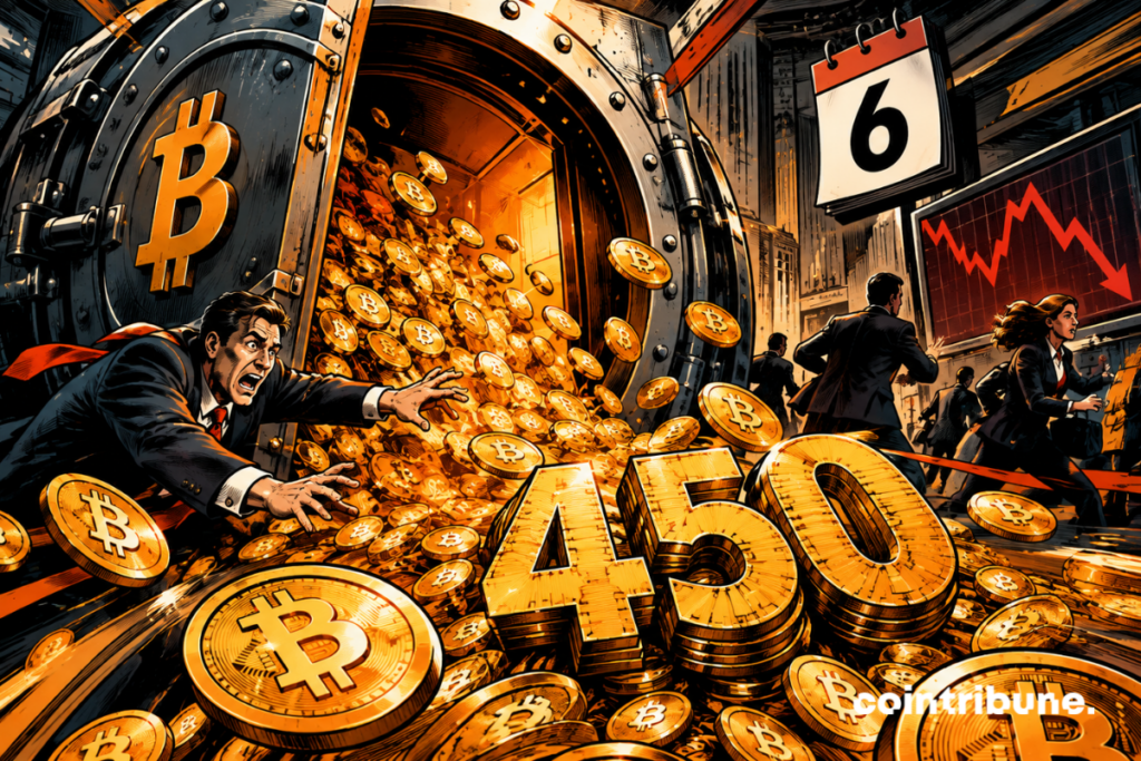 A Bitcoin ETF suffers a massive flight of capital, symbolized by a gutted vault pouring out 450 million in a panicked atmosphere.