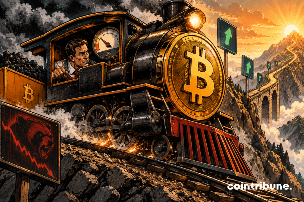 A huge locomotive whose front is formed by a golden Bitcoin climbs a steeply ascending railway track. However, it has just lost speed: the wheels turn with difficulty, the steam decreases and the driver looks with concern at a mechanical gauge whose needle is going back down.