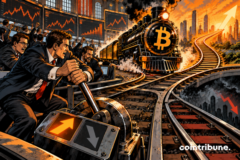 In a gigantic trading room, several traders in suits throw themselves together on a huge mechanical lever controlling a switch. On the rails comes a powerful locomotive bearing a gigantic ₿ symbol at full speed. In front of her, the rails divide: one track plunges towards a dark area, while the other rises sharply towards a luminous orange horizon. Traders have just pushed the lever towards the upward path, but Bitcoin has not yet reached the fork in the road.