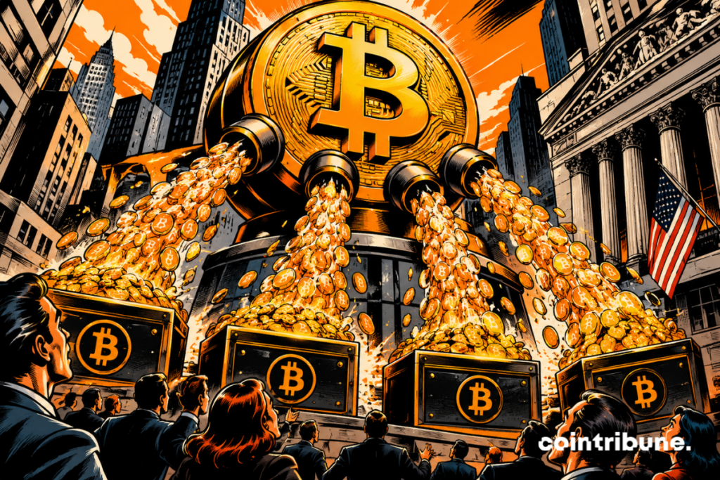Comic book style illustration of Bitcoin spilling coins in front of American financial buildings.
