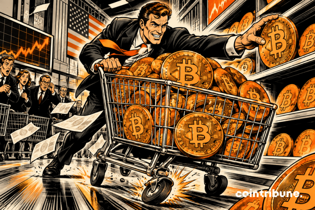 An executive pushing a crypto cart overflowing with bitcoin