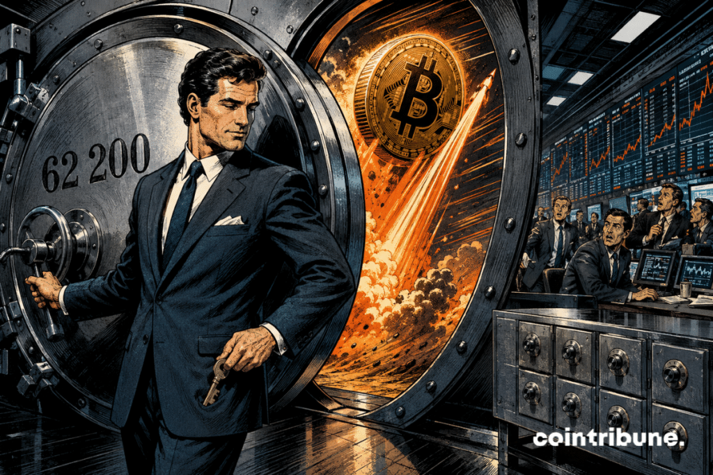An executive closes a vault marked 62,200 while a Bitcoin continues to soar.