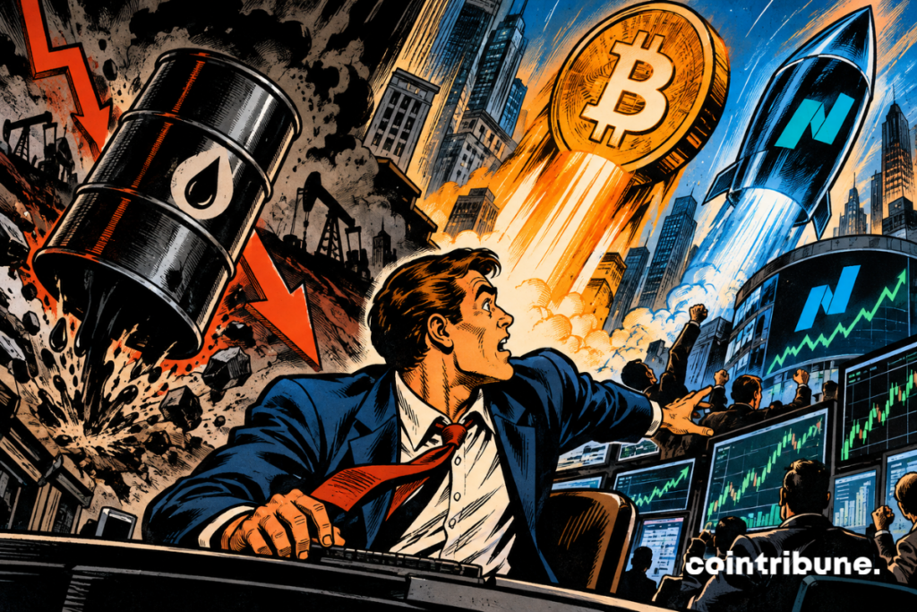 Bitcoin and technology stocks soar on the markets while a barrel of oil falls.