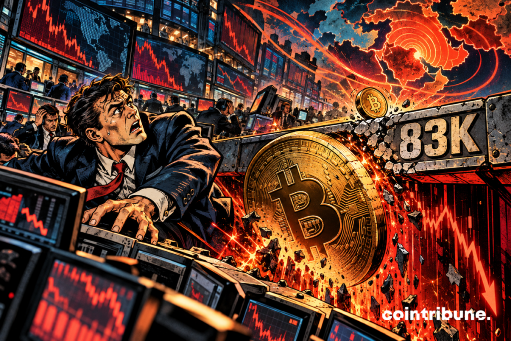 One Bitcoin falls below the 83K threshold in a crypto trading room shaken by geopolitical tensions.