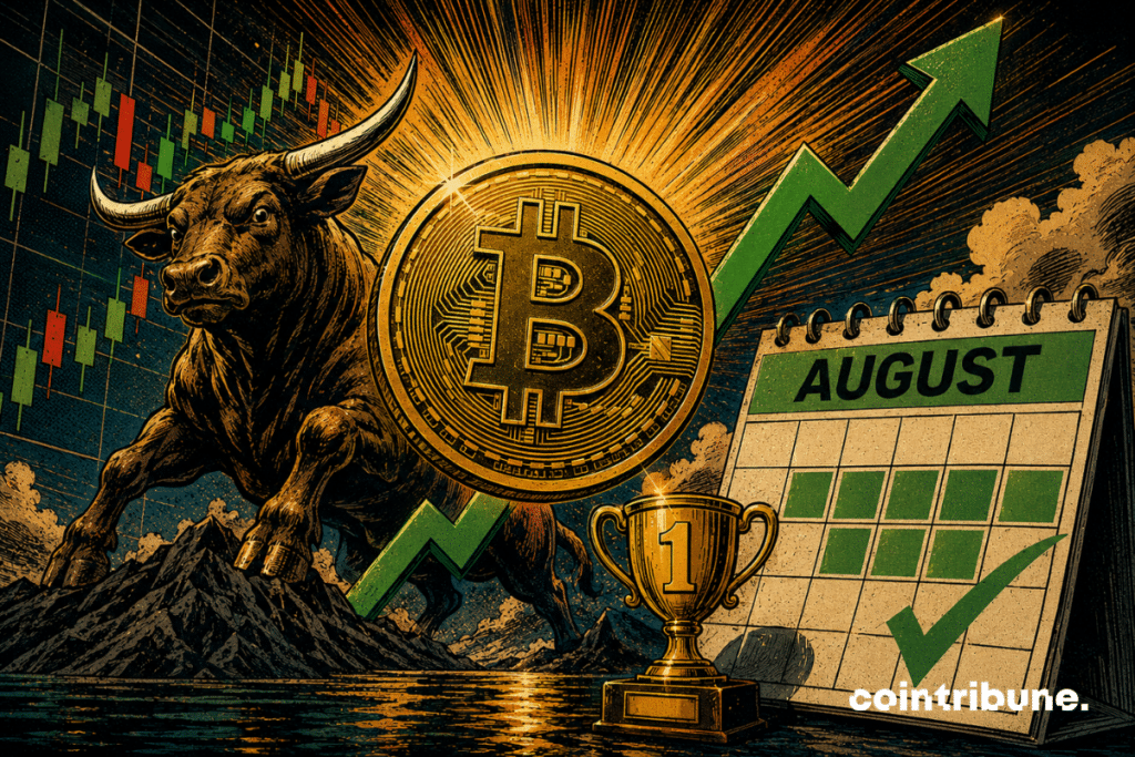 A golden Bitcoin towers over a powerful bull, ascending charts, a green arrow, an August calendar and a shiny trophy.