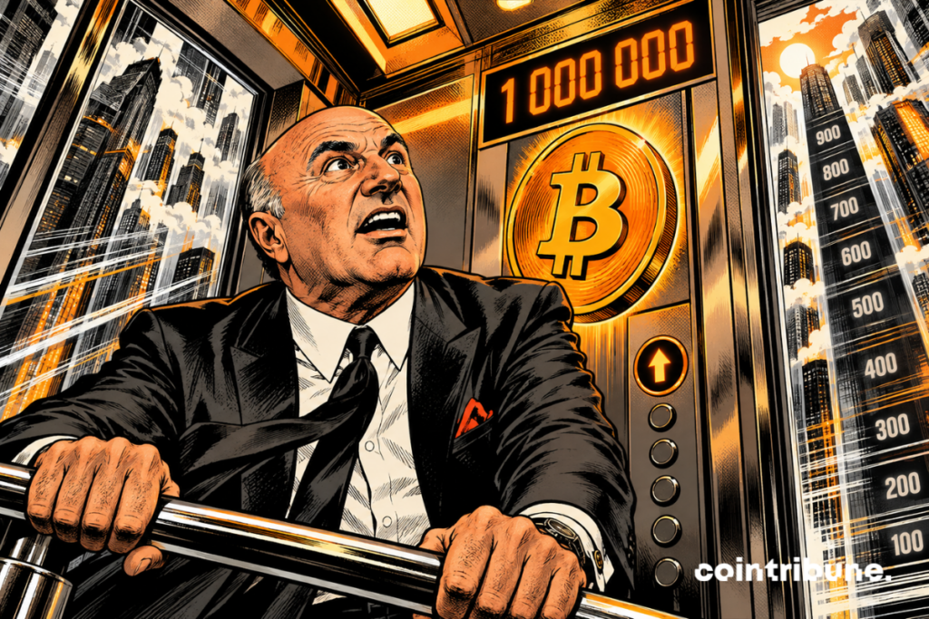 Kevin O'Leary pictured in front of a Bitcoin symbol with a $1 million goal displayed.
