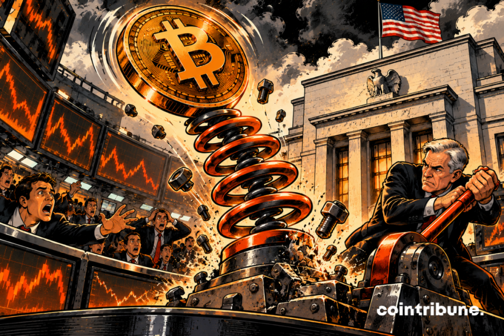 A gigantic Bitcoin coin has just been propelled upwards by a huge orange metal spring installed in the center of a financial room. Bitcoin occupies the upper center and still appears to be rising, but its trajectory is starting to lean dangerously sideways. On the right, an American central bank official in a suit operates a large mechanical lever connected to the spring base. The lever suddenly rotates the base: the spring twists, several bolts come off and Bitcoin loses its balance in full rebound.