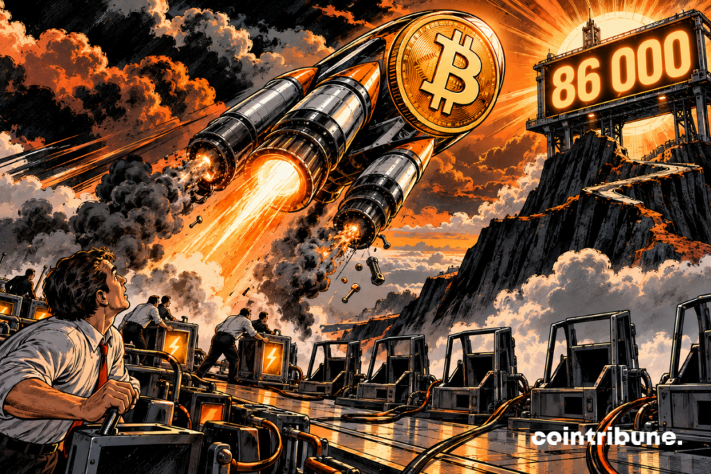A gigantic rocket with its head in the shape of a Bitcoin rises diagonally towards a lighted platform bearing only 86,000. Bitcoin takes up about two-thirds of the image and appears to be moving forward with enormous power. But beneath the rocket, the contrast appears: of several enormous engines, only one produces a powerful orange flame, while the others sputter, produce smoke or begin to go out. On the ground, only a few traders are frantically trying to power the engines with energy blocks, while a large part of the buying positions remain empty.