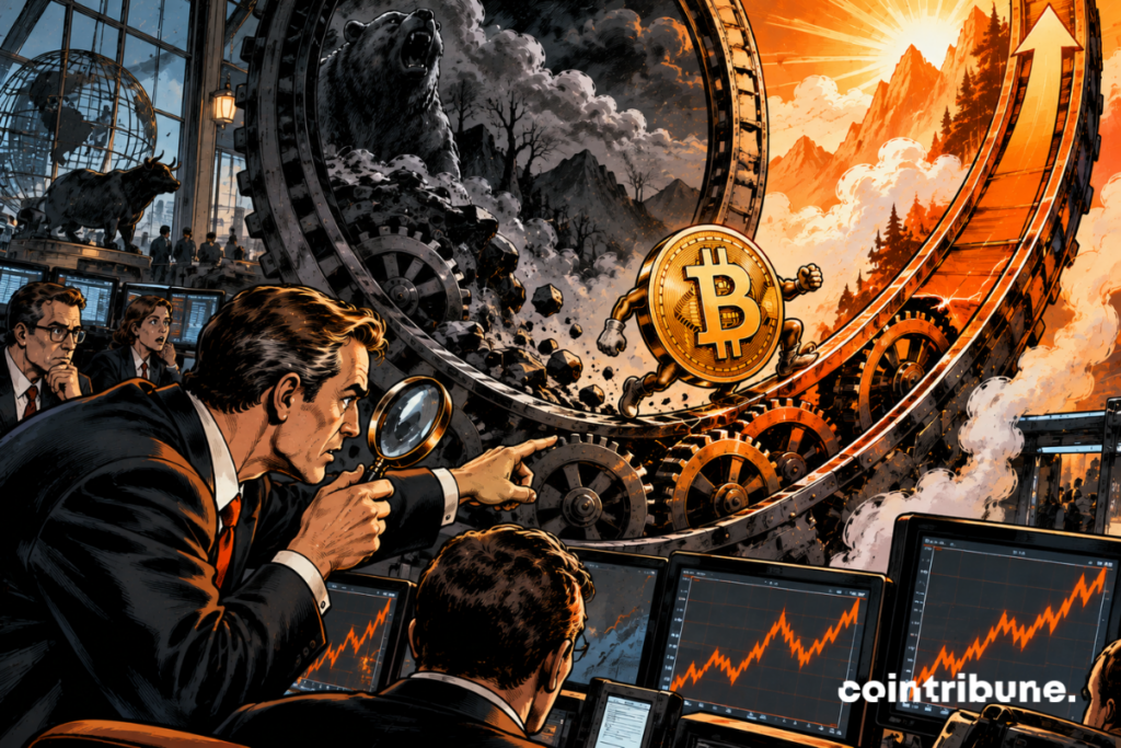 In a huge institutional analysis room, a gigantic cyclic mechanical wheel dominates two-thirds of the image. The lower half of the wheel is dark, worn, and surrounded by black clouds, evoking the previous cycle. The part that goes up to the right gradually becomes orange and bright. A huge Bitcoin coin sits exactly where the wheel leaves its bottom. It is only beginning to be dragged towards the upward slope. In the foreground, an institutional analyst in a suit observes the mechanism with a magnifying glass and points with astonishment towards the phase change.