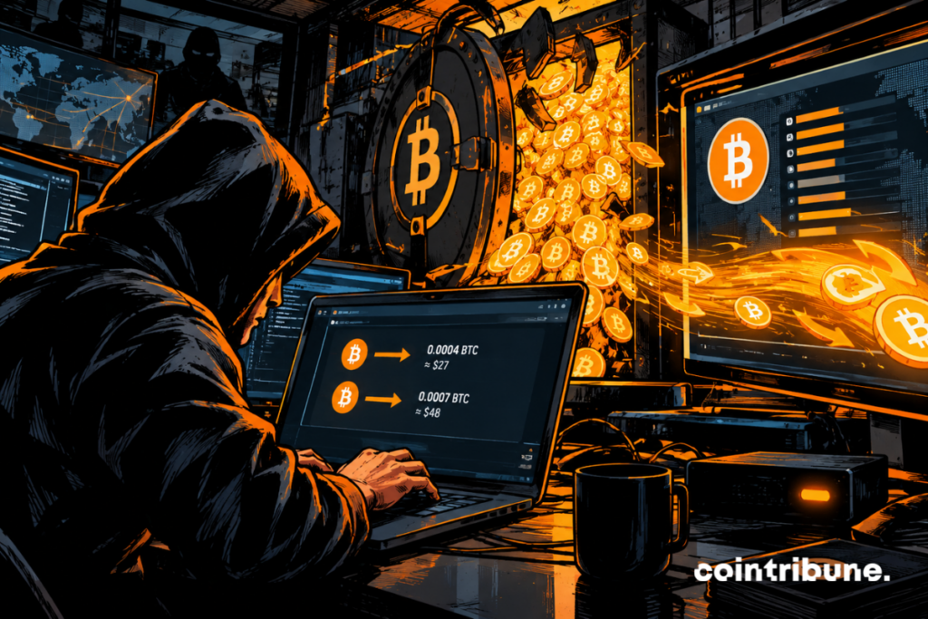 A hooded hacker watches two small Bitcoin transactions on a computer, while a chest overflows with glowing Bitcoins behind him.