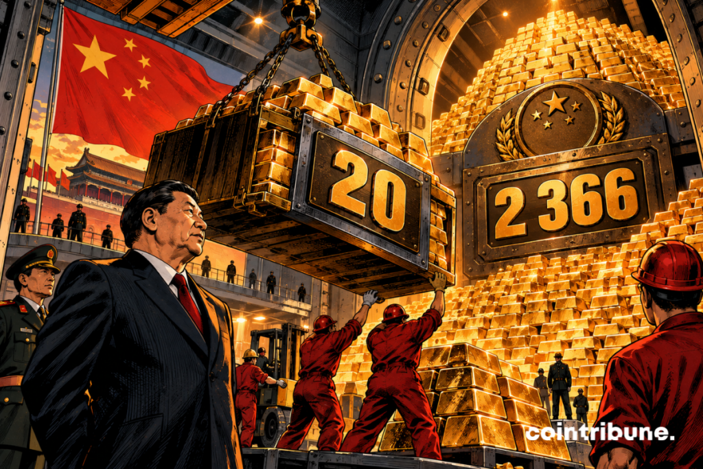 In a gigantic underground Chinese reserve, a monumental mountain of gold ingots occupies about two-thirds of the image. In the center of this mass, a huge mechanical dial reads only 2366. An industrial crane arrives from the left with a gigantic open container filled with new ingots. On the hook or metal plate of the load appears only 20. A China official in a suit supervises the arrival of the load with a concentrated expression, while several employees look at the immensity of the stock.