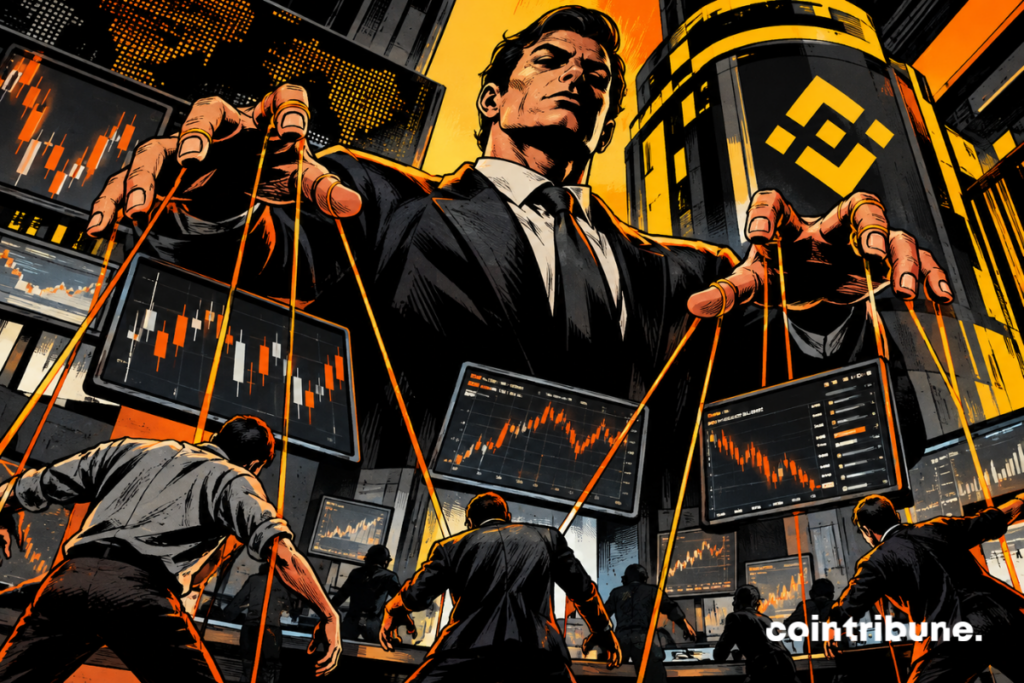 Giant in costume, puppets, traders, stock screens, charts, orange ropes, financial buildings, yellow lights, black shadows, dynamic perspective.