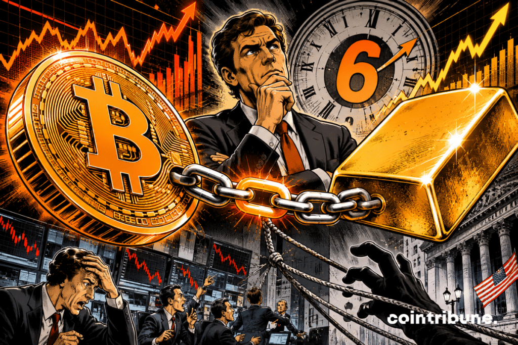 Bitcoin and gold move forward together, linked by a chain, while an analyst questions the fragility of the decoupling from stocks.