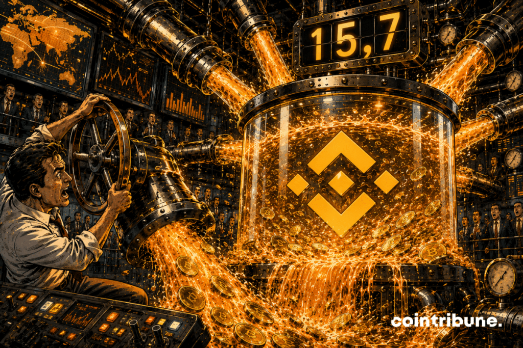 In a huge industrial financial room, an operator in the foreground struggles to turn a huge valve while several pipes simultaneously pour torrents of capital into a monumental reservoir bearing the geometric symbol of Binance. The tank is almost full and begins to overflow under the power of the inputs. A mechanical meter only reads 15.7.