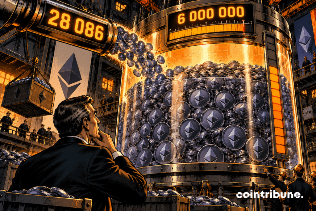 In a huge industrial financial infrastructure, a monumental transparent tank is almost completely filled with coins bearing the Ethereum symbol. A huge pipeline pours a new avalanche of ETH into the reservoir. On this pipe only appears 28086. At the very top, a gigantic mechanical gauge displays 6000000, but its needle remains slightly below the limit. In the foreground, a manager in a suit watches the level rise with an expression mixing satisfaction and amazement.