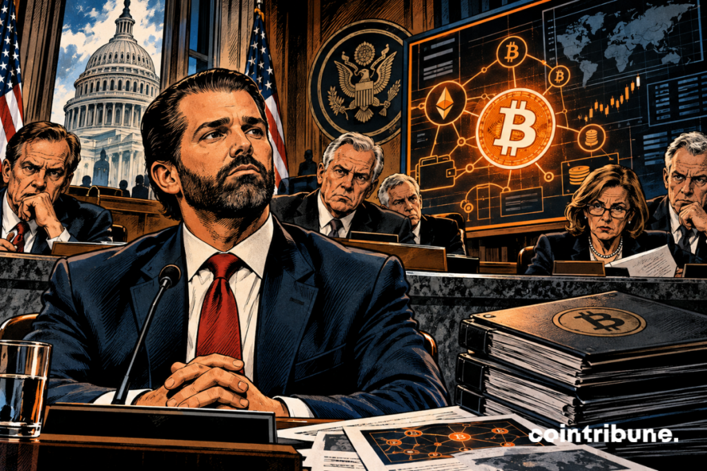 Donald Trump Jr. appears before a Senate committee while examining documents and crypto feeds.