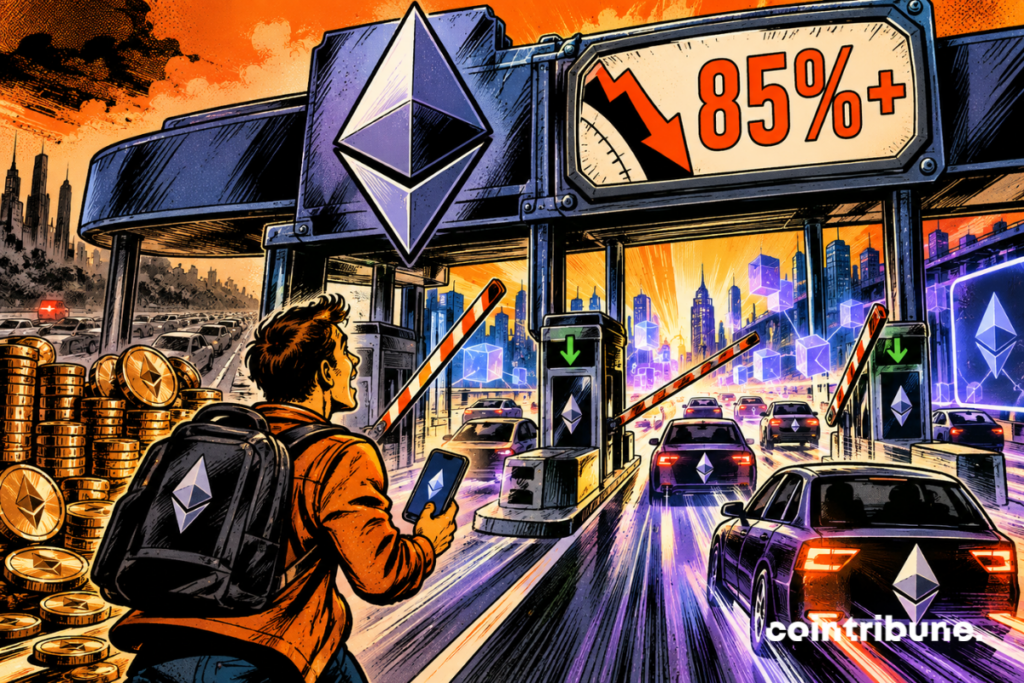 An Ethereum toll opens under an 85% down indicator, while crypto transactions accelerate.