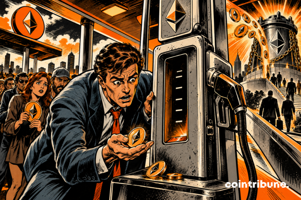 A worried investor in front of a nearly empty Ethereum pump, while a crowd waits and ETH is sucked into crypto staking