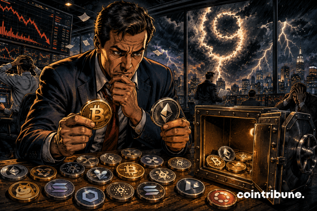 In a trading room, an investor in the foreground stands in front of a large table covered with different crypto tokens like Bitcoin, Ethereum and Solana. He must quickly place some of them in an armored trunk before the arrival of a storm visible behind the large windows. In the dark sky appears a gigantic 9 formed by the clouds. The character holds two tokens in his hands and hesitates, expression extremely concentrated.