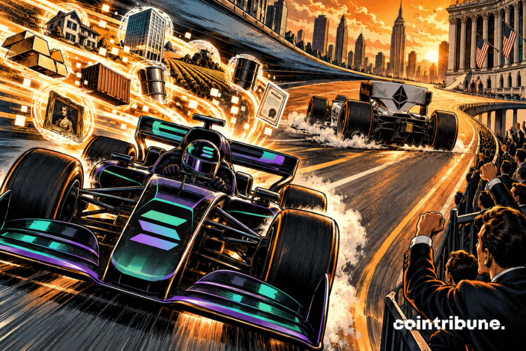 In the foreground, a car in Solana colors arrives at very high speed and simultaneously receives flows of tokenized physical assets: small buildings, ingots and chests transformed into digital particles which converge towards its engine. Further down the road, the Ethereum car still remains in the lead, but its driver looks nervously in his rearview mirror as he sees Solana quickly coming back.