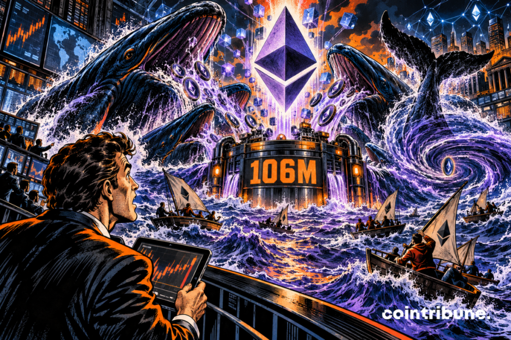 Crypto whales surround Ethereum while a central reservoir reads 106M.