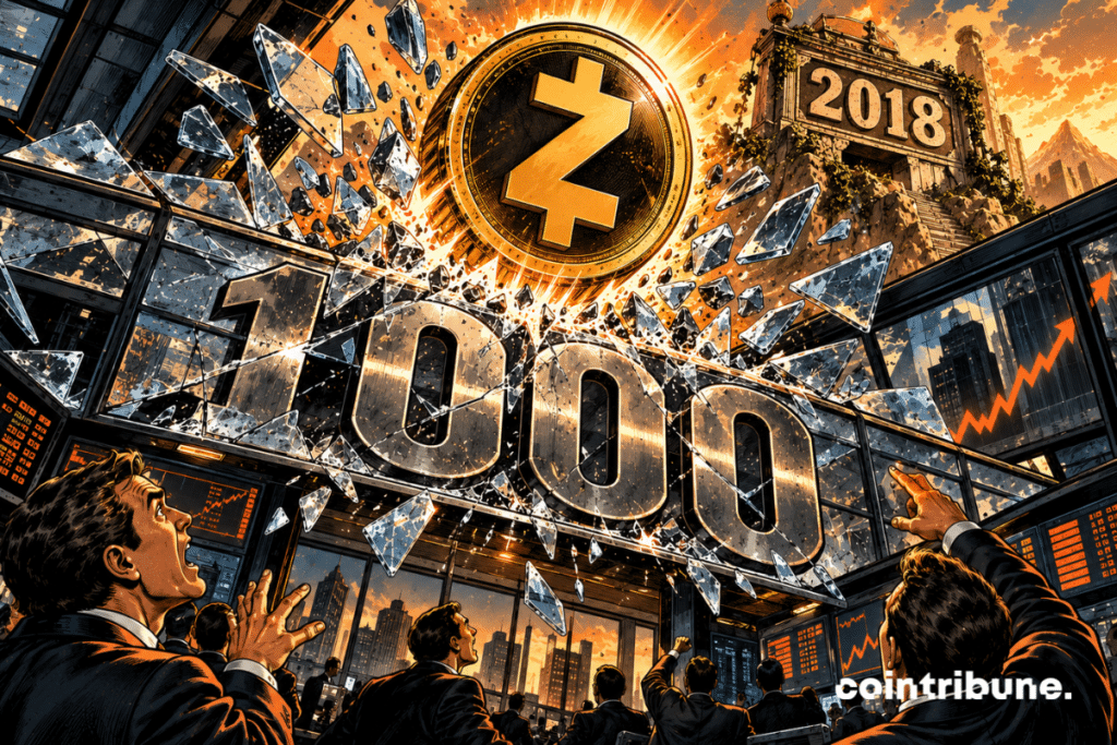 A gigantic golden Zcash coin rises like a projectile and has just broken through a monumental glass ceiling bearing only 1000. In the foreground, several traders look up with expressions of amazement as shards of glass are thrown towards the camera. Above the ceiling, an ancient mechanical structure bearing 2018 reappears in the light, like a long-abandoned level.