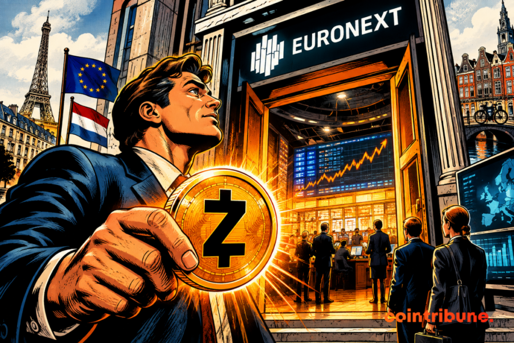 An investor holding a Zcash crypto in front of the open doors of Euronext, with traders and a bullish chart in the background, against a backdrop of Paris and Amsterdam landscapes.