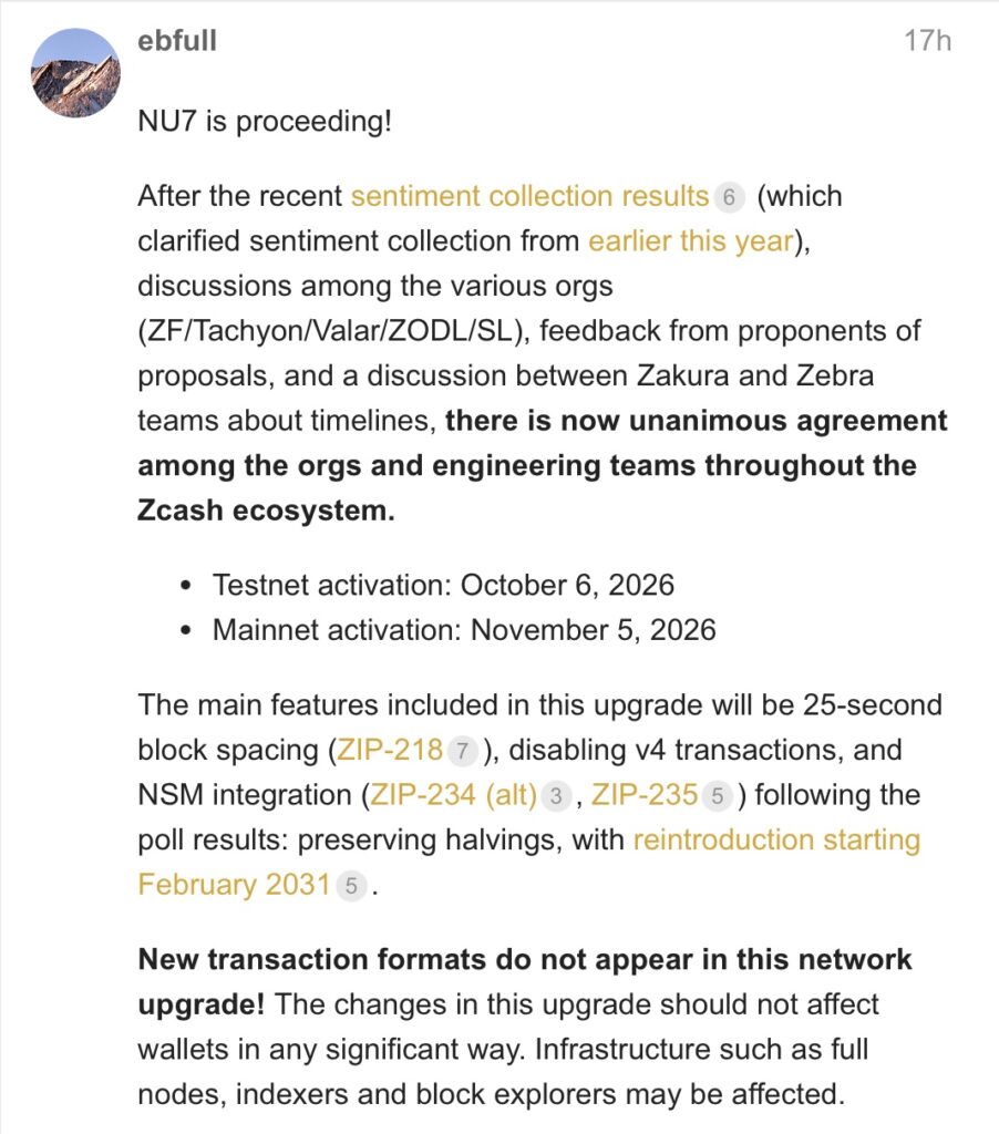 November 5, 2026 is a date to remember. This is what Zcash is targeting to activate NU7, its seventh major update of its crypto network. The objective is in one sentence: divide the time between two blocks by three, reducing it from 75 to 25 seconds.