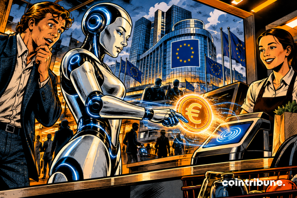 An AI agent makes a digital euro payment on a terminal in a European store.