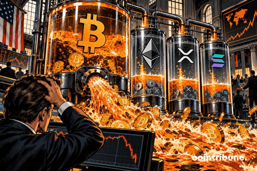 In a huge institutional financial room, four gigantic transparent tanks represent Bitcoin, Ethereum, XRP and Solana. The Bitcoin reservoir, much more imposing and occupying almost two thirds of the image, has just opened an enormous lower pipe: a spectacular torrent of capital comes out and crosses the foreground. Next to it, the Ethereum, XRP and Solana tanks each receive small orange torrents directed inwards. Their levels are rising, but these inflows seem tiny compared to the Bitcoin output. In the foreground, an analyst looks at the difference with an expression of amazement.