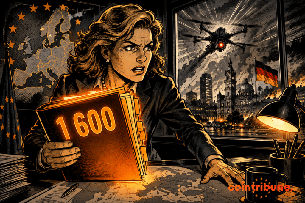 EU official holds '1600' folder as drone flies over burning German city, symbolizing EU crypto sanctions after Germany attack