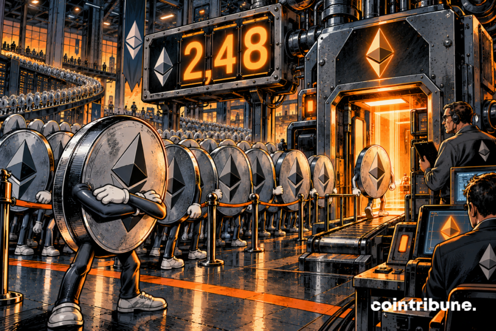 A gigantic mechanical validation infrastructure occupies the right of the image. It looks like a huge industrial gantry made up of gears, chains and light rooms. In front of its entrance lies an endless line of Ethereum coins, packed one behind the other like a gigantic traffic jam. The line snakes to the horizon and takes up about two-thirds of the image. Above the line, a large mechanical counter reads only 2.48. In the foreground, a personified Ethereum coin looks impatiently toward the entrance, arms crossed, while an institutional operator watches the mechanism with an expression overwhelmed by the influx.