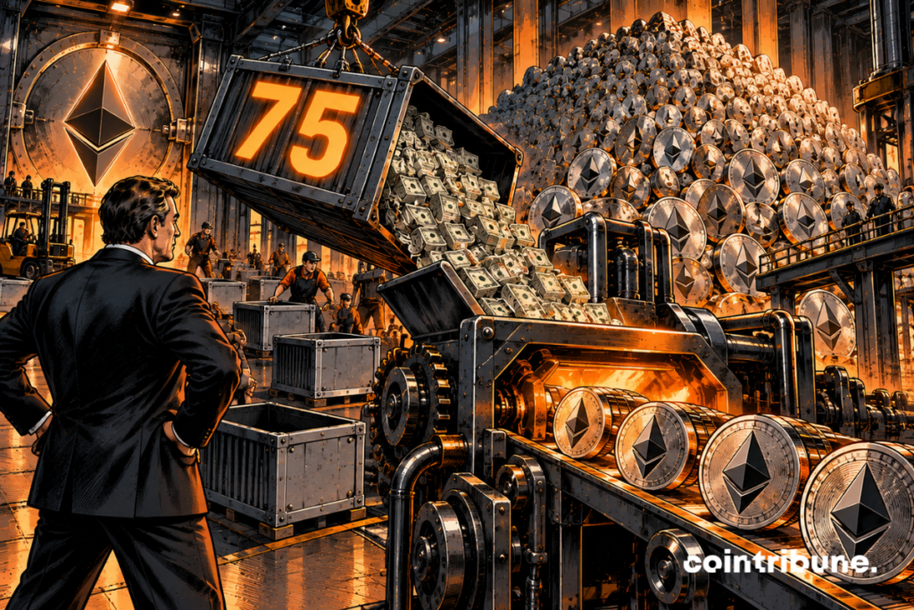 In a huge industrial vault, a spectacular mountain of Ethereum coins occupies the background and rises almost to the ceiling. In the foreground, an institutional official in a suit oversees the arrival of a huge container full of capital, transported by crane. Only 75 appears on its mechanical plate. The container is overturned in a gigantic acquisition machine. At the other end, new Ethereum coins come out on a conveyor belt and join the already existing mountain.